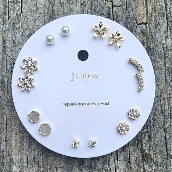 J. Crew Gold & Pearl Flower Stud Earrings Set-of-Seven - Picture 2 of 2